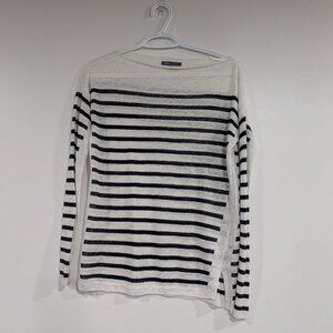 Vince 100% Linen Striped Sweater with Side Slits White Navy Blue Size XS